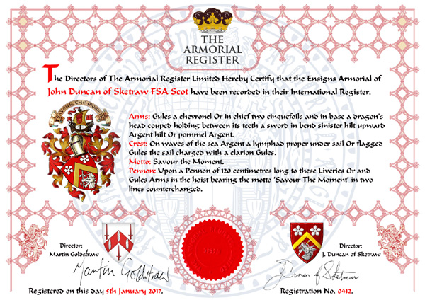 The Armorial
                                                Register, Personalised
                                                Registration
                                                Certificate