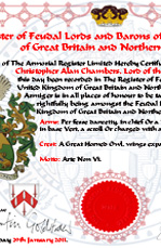 Personalised
                                                  Registration
                                                  Certificate - Feudal
                                                  Lords and Barons of
                                                  The United Kingdom of
                                                  Great Britain
